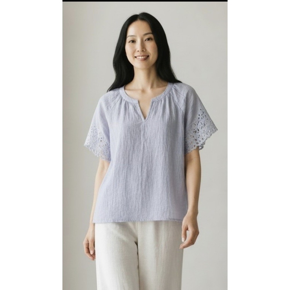 Beach Lunch Lounge Gauzy Cotton Eyelet SS Blouse Top Light Blue Dessa XS NWT